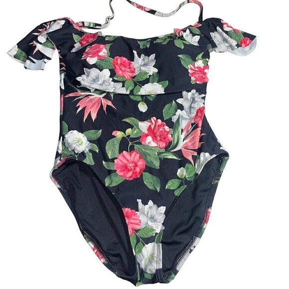 Vince Camuto Black Tropical Ruffle Bandeau One Piece Size 6 - Picture 1 of 10